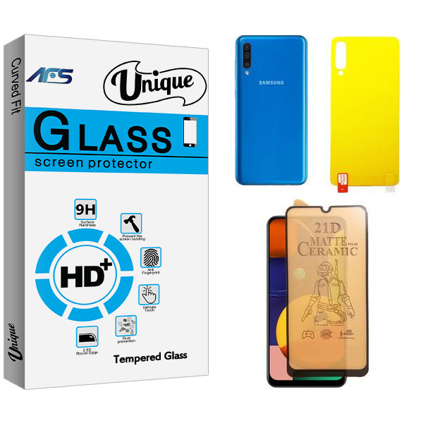 محافظ صفحه نمایش سرامیکی مات ای اف اس مدل Unique  مناسب برای گوشی موبایل سامسونگ Galaxy A50  به همراه محافظ پشت گوشی