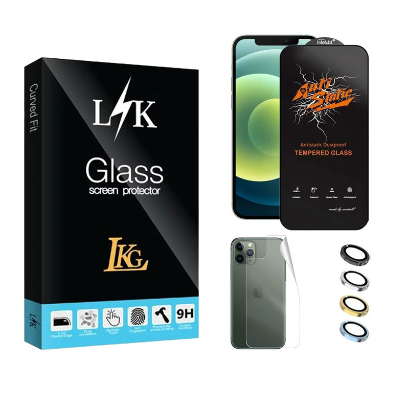 محافظ صفحه نمایش ال کا جی مدل انتی استاتیک مناسب برای گوشی موبایل اپل iPhone 12 Pro به همراه محافظ پشت گوشی و محافظ لنز