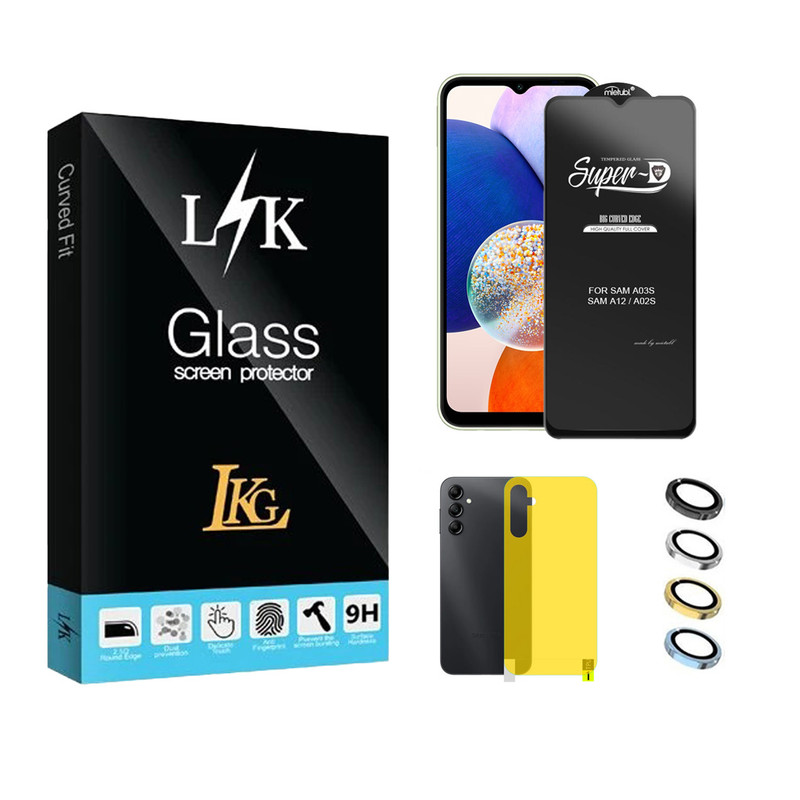 محافظ صفحه نمایش ال کا جی مدل سوپر دی مناسب برای گوشی موبایل سامسونگ Galaxy A14 4G به همراه محافظ پشت گوشی و محافظ لنز
