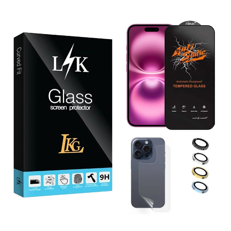 محافظ صفحه نمایش ال کا جی مدل انتی استاتیک مناسب برای گوشی موبایل اپل iPhone 16 Pro Max به همراه محافظ پشت گوشی و محافظ لنز
