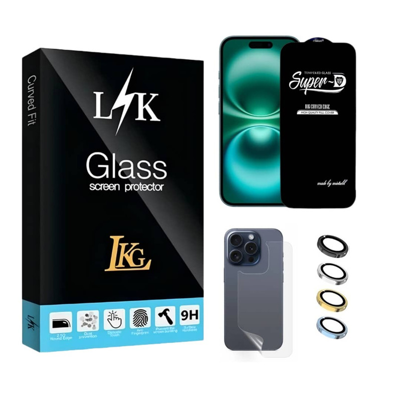 محافظ صفحه نمایش ال کا جی مدل سوپر دی مناسب برای گوشی موبایل اپل iPhone 16 Pro  به همراه محافظ پشت گوشی و محافظ لنز